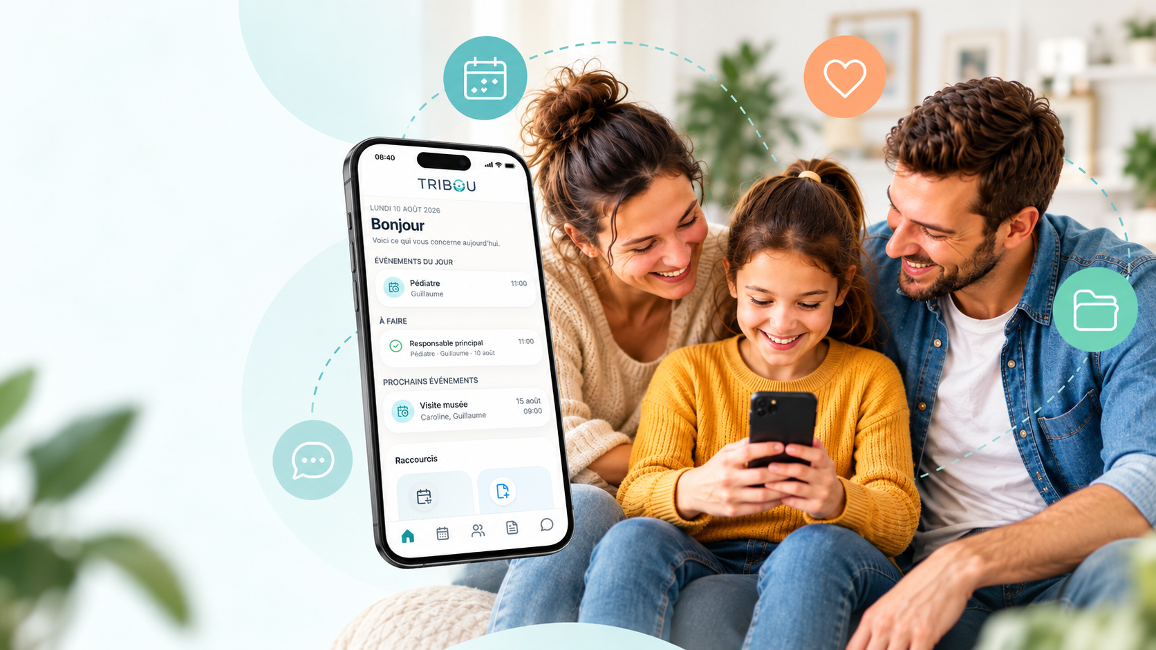 Une famille utilise TRIBOU avec l'application affichée sur un smartphone
